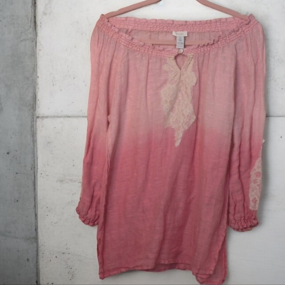Chico's Pink Ombre Blouse with Lace Accents, Size 0/ SM Semi-sheer 100% Linen!